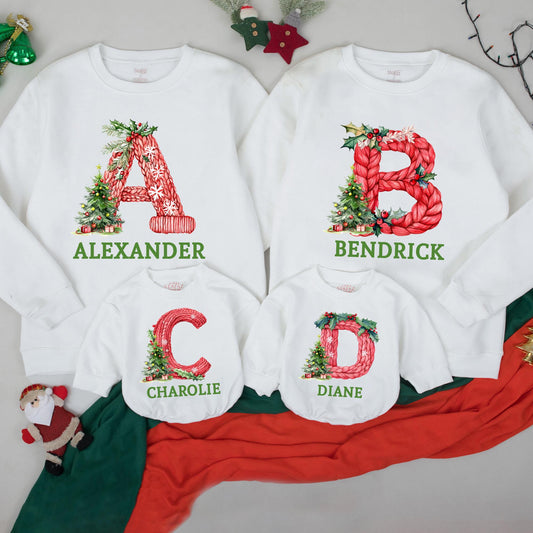 Custom Christmas Family Sweatshirt, Funny Xmas PJs, Personalized Name Letter Sweater, Festive Holiday Matching Outfits, Cozy & Comfortable 135 chars