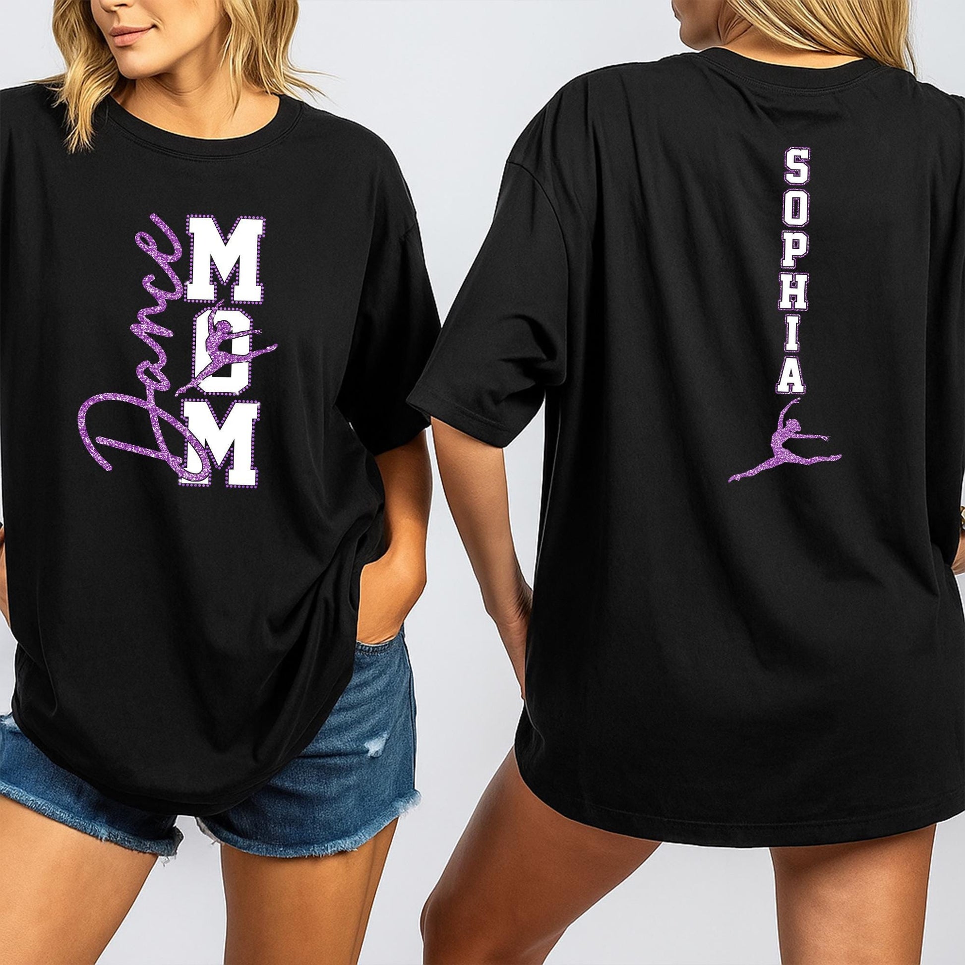 Sparkly Dance Mom Shirt Personalized with Sophia & Dance, Faux Rhinestone Bling Tee, Custom Name Dance Team Top, Gift for Dance Recital, Purple Lilac Design