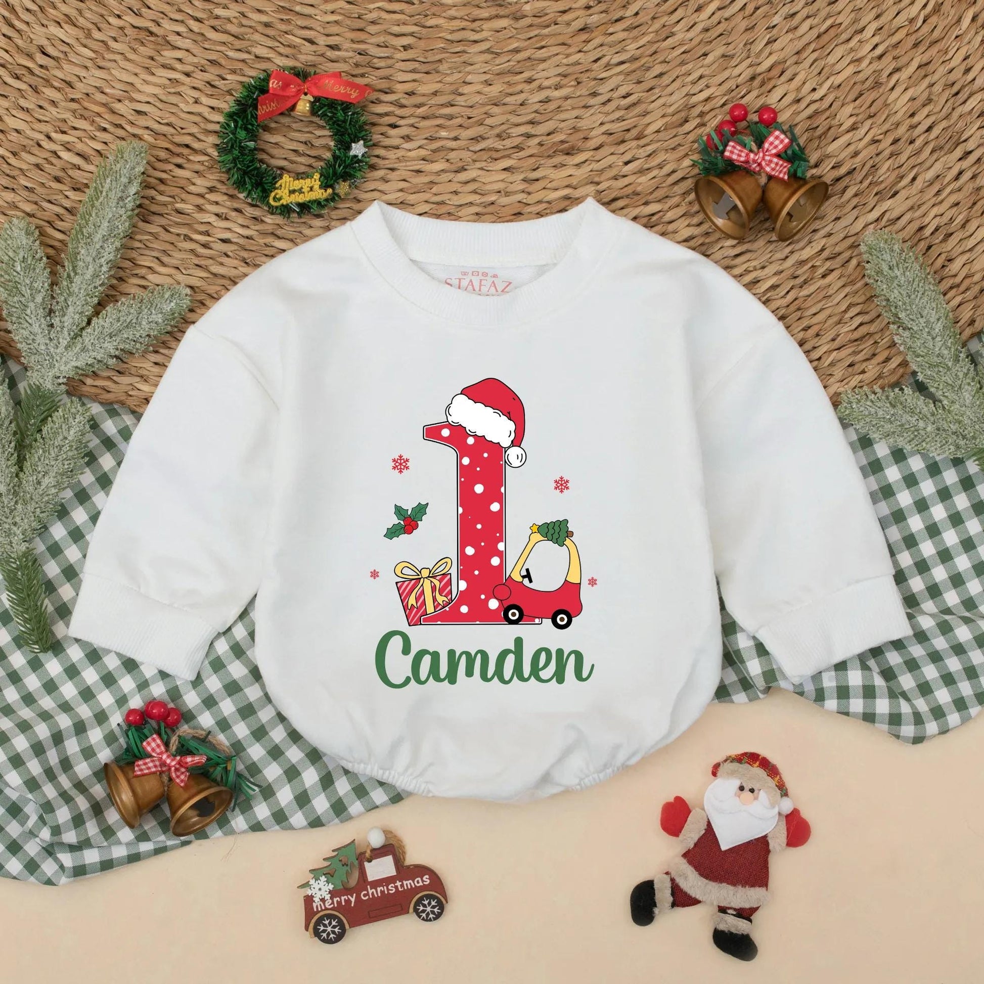 Camden's First Christmas Romper: Red Car 1st Birthday Bodysuit with Santa Hat & Polka Dots for Baby Boy - Holiday Gift