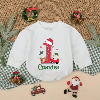 Camden's First Christmas Romper: Red Car 1st Birthday Bodysuit with Santa Hat & Polka Dots for Baby Boy - Holiday Gift