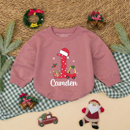 Camden's First Christmas Romper: Red Car 1st Birthday Bodysuit with Santa Hat & Polka Dots for Baby Boy - Holiday Gift