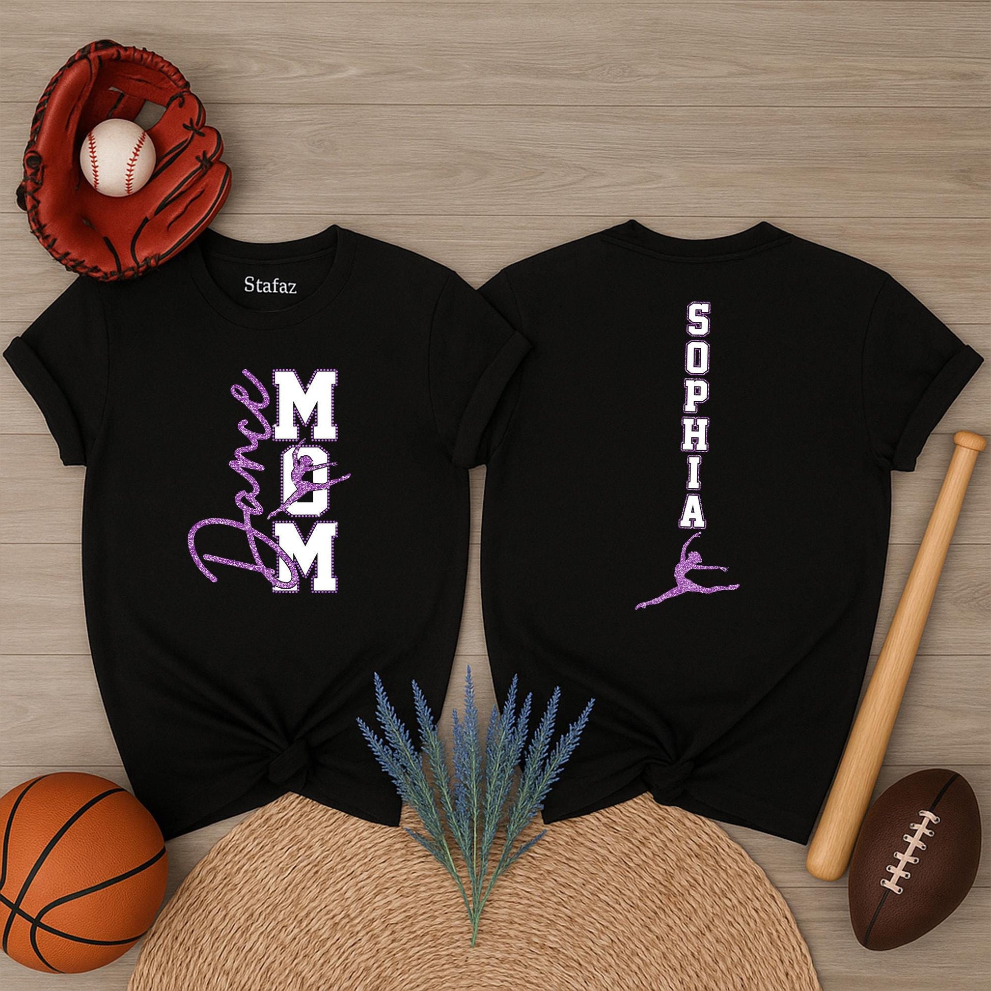 Sparkly Dance Mom Shirt Personalized with Sophia & Dance, Faux Rhinestone Bling Tee, Custom Name Dance Team Top, Gift for Dance Recital, Purple Lilac Design