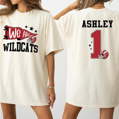 Custom Wildcats We Are Spirit T-Shirt Personalized Name Number School Team Game Day Fan Apparel Red White Helmet Stars