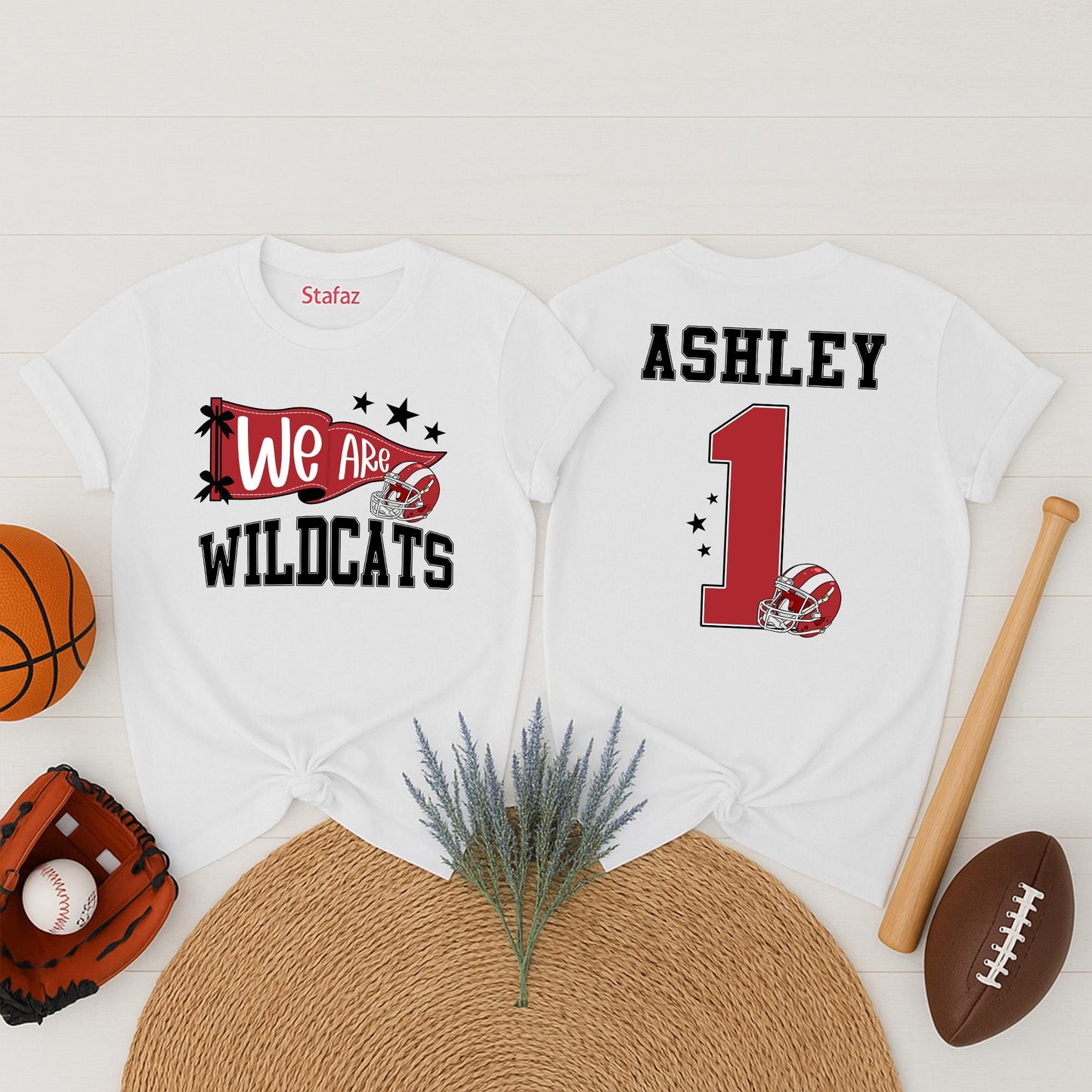 Custom Wildcats We Are Spirit T-Shirt Personalized Name Number School Team Game Day Fan Apparel Red White Helmet Stars