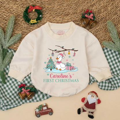 Personalized Pink Goose Baby's First Christmas Romper with Santa Hat Cute Goose Holiday Bodysuit Baby Girl First Christmas Gift