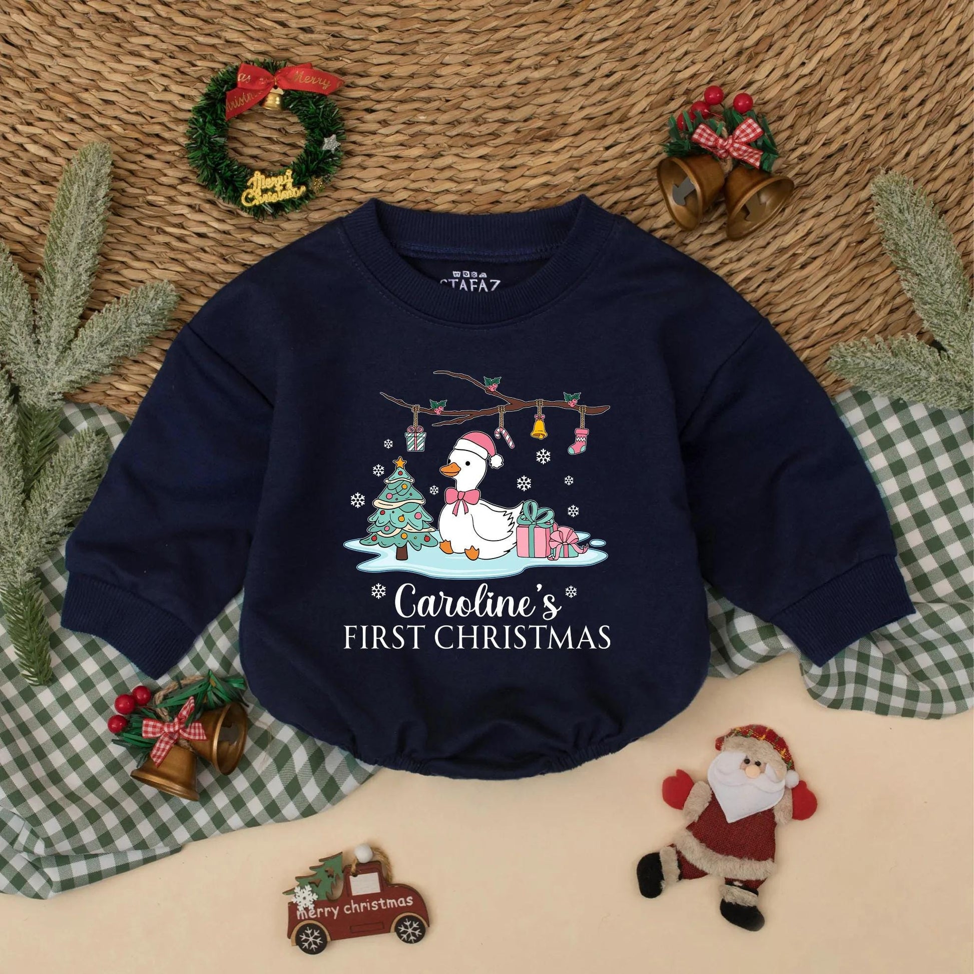 Personalized Pink Goose Baby's First Christmas Romper with Santa Hat Cute Goose Holiday Bodysuit Baby Girl First Christmas Gift