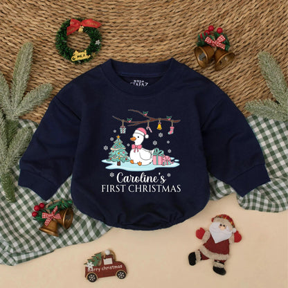 Personalized Pink Goose Baby's First Christmas Romper with Santa Hat Cute Goose Holiday Bodysuit Baby Girl First Christmas Gift