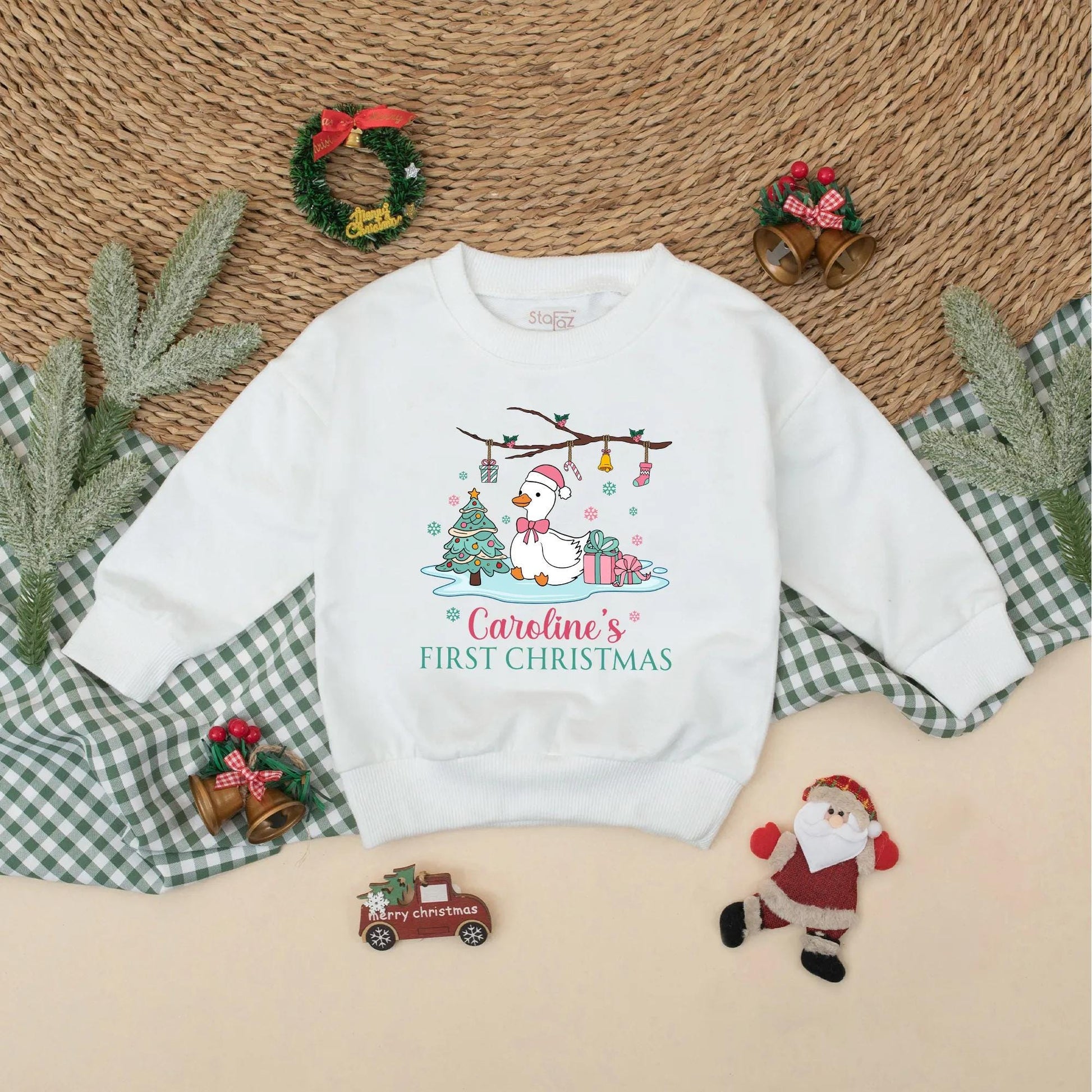 Personalized Pink Goose Baby's First Christmas Romper with Santa Hat Cute Goose Holiday Bodysuit Baby Girl First Christmas Gift