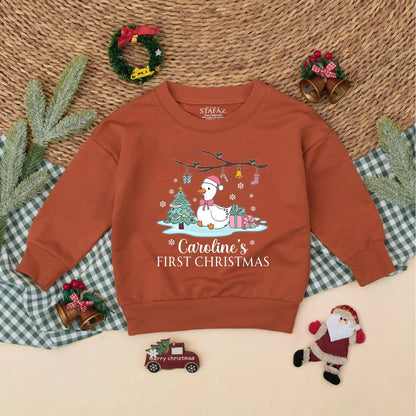 Personalized Pink Goose Baby's First Christmas Romper with Santa Hat Cute Goose Holiday Bodysuit Baby Girl First Christmas Gift