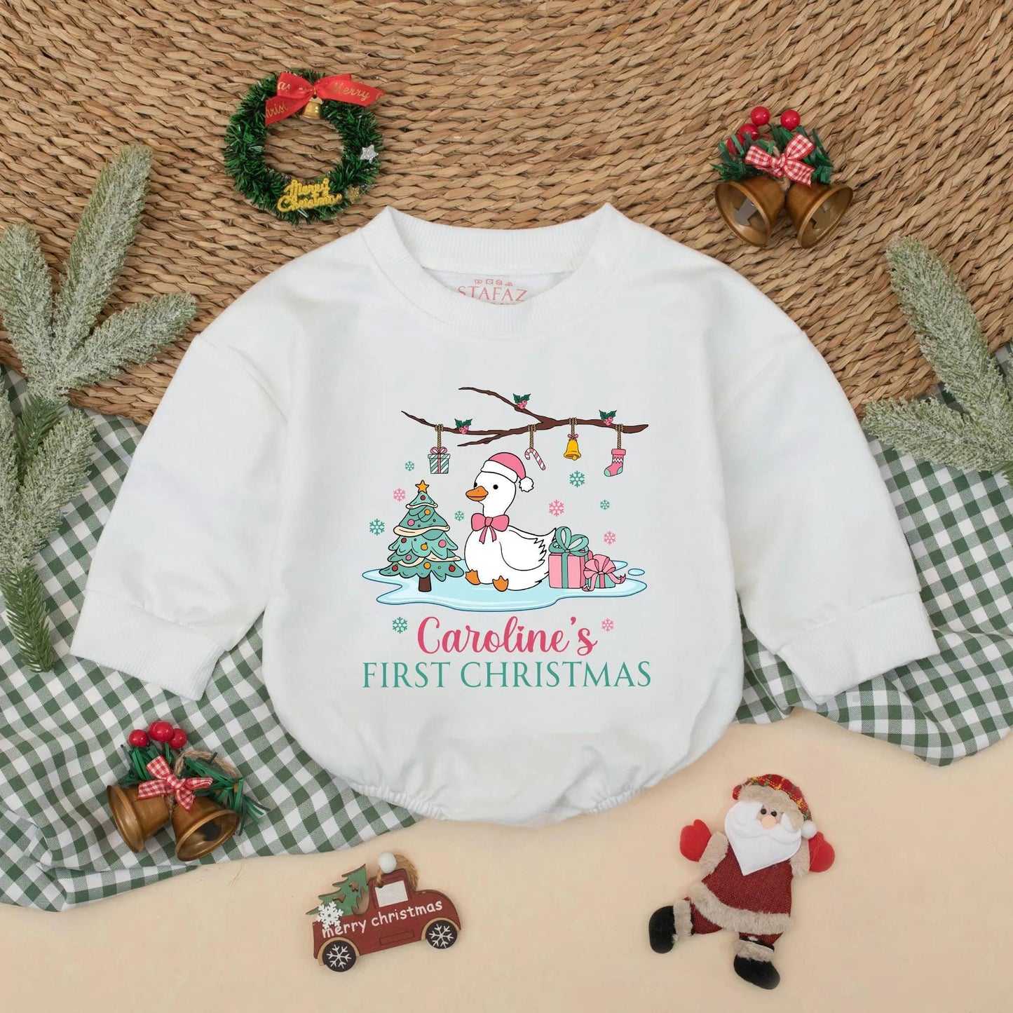 Personalized Pink Goose Baby's First Christmas Romper with Santa Hat Cute Goose Holiday Bodysuit Baby Girl First Christmas Gift