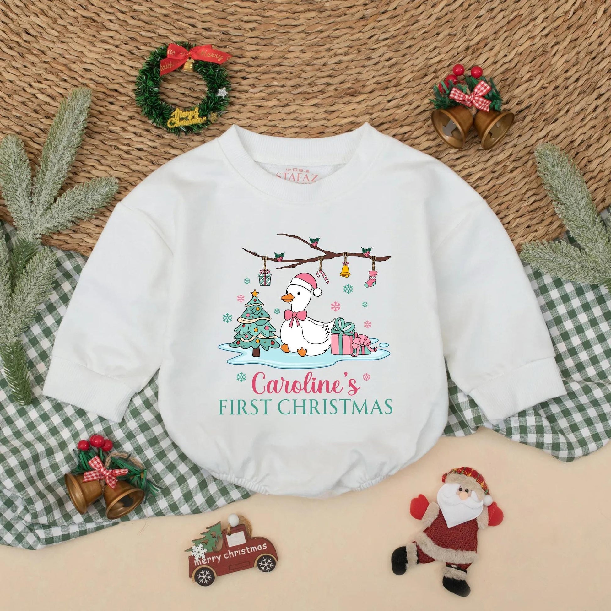 Personalized Pink Goose Baby's First Christmas Romper with Santa Hat Cute Goose Holiday Bodysuit Baby Girl First Christmas Gift