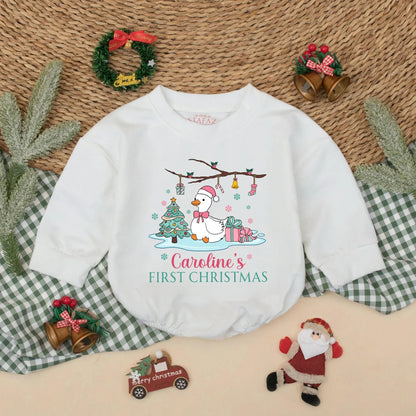 Personalized Pink Goose Baby's First Christmas Romper with Santa Hat Cute Goose Holiday Bodysuit Baby Girl First Christmas Gift