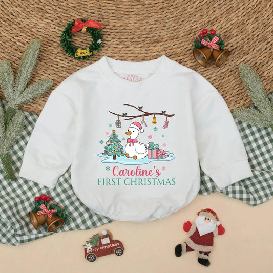Personalized Pink Goose Baby's First Christmas Romper with Santa Hat Cute Goose Holiday Bodysuit Baby Girl First Christmas Gift