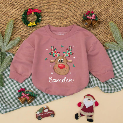 Personalized Baby Reindeer Romper for Christmas, Custom Name Boys Toddler Sweatshirt Outfit Holiday Gift Cute Festive Clothes 1st Xmas  (138 chars)