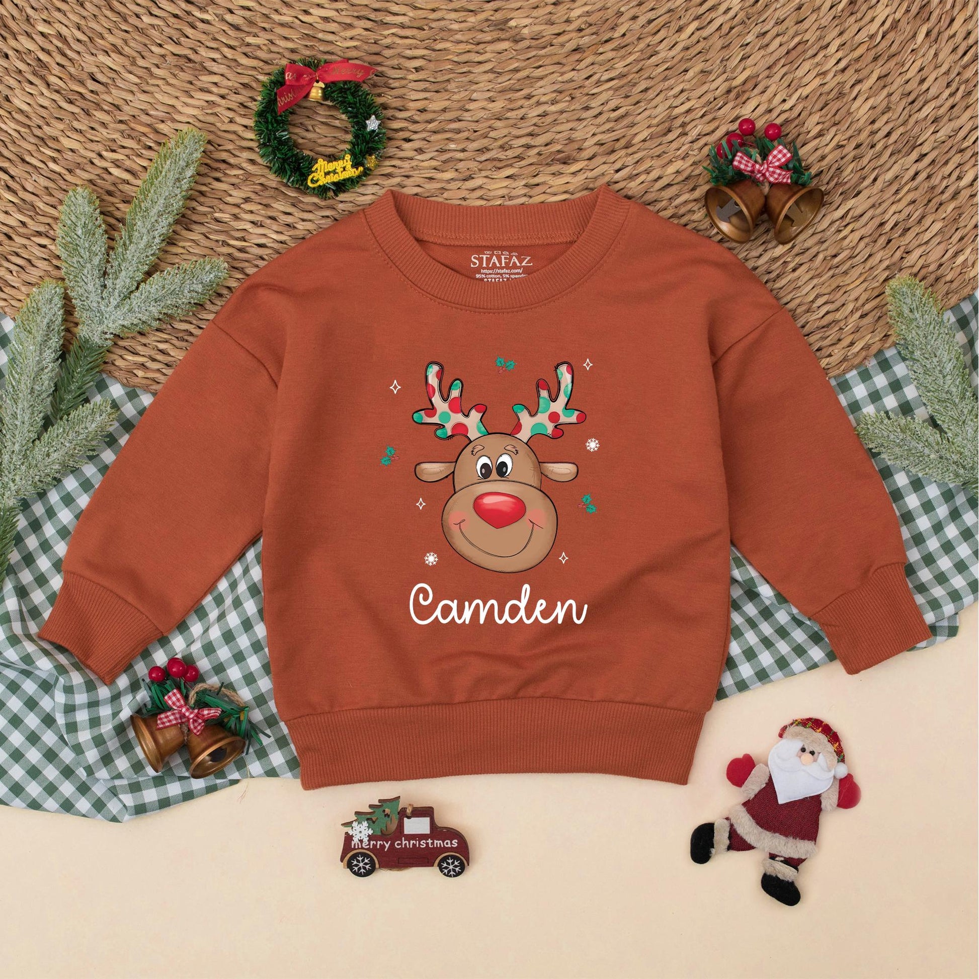 Personalized Baby Reindeer Romper for Christmas, Custom Name Boys Toddler Sweatshirt Outfit Holiday Gift Cute Festive Clothes 1st Xmas  (138 chars)