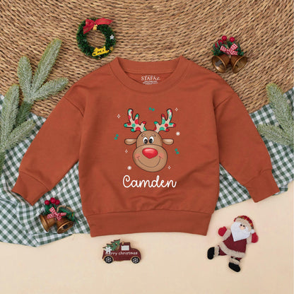 Personalized Baby Reindeer Romper for Christmas, Custom Name Boys Toddler Sweatshirt Outfit Holiday Gift Cute Festive Clothes 1st Xmas  (138 chars)