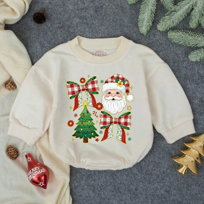 Vintage Santa Christmas Romper, Plaid Bows & Tree Baby Girl Outfit, Merry First Christmas Newborn Clothes, Festive Holiday Gift, Retro Style 138