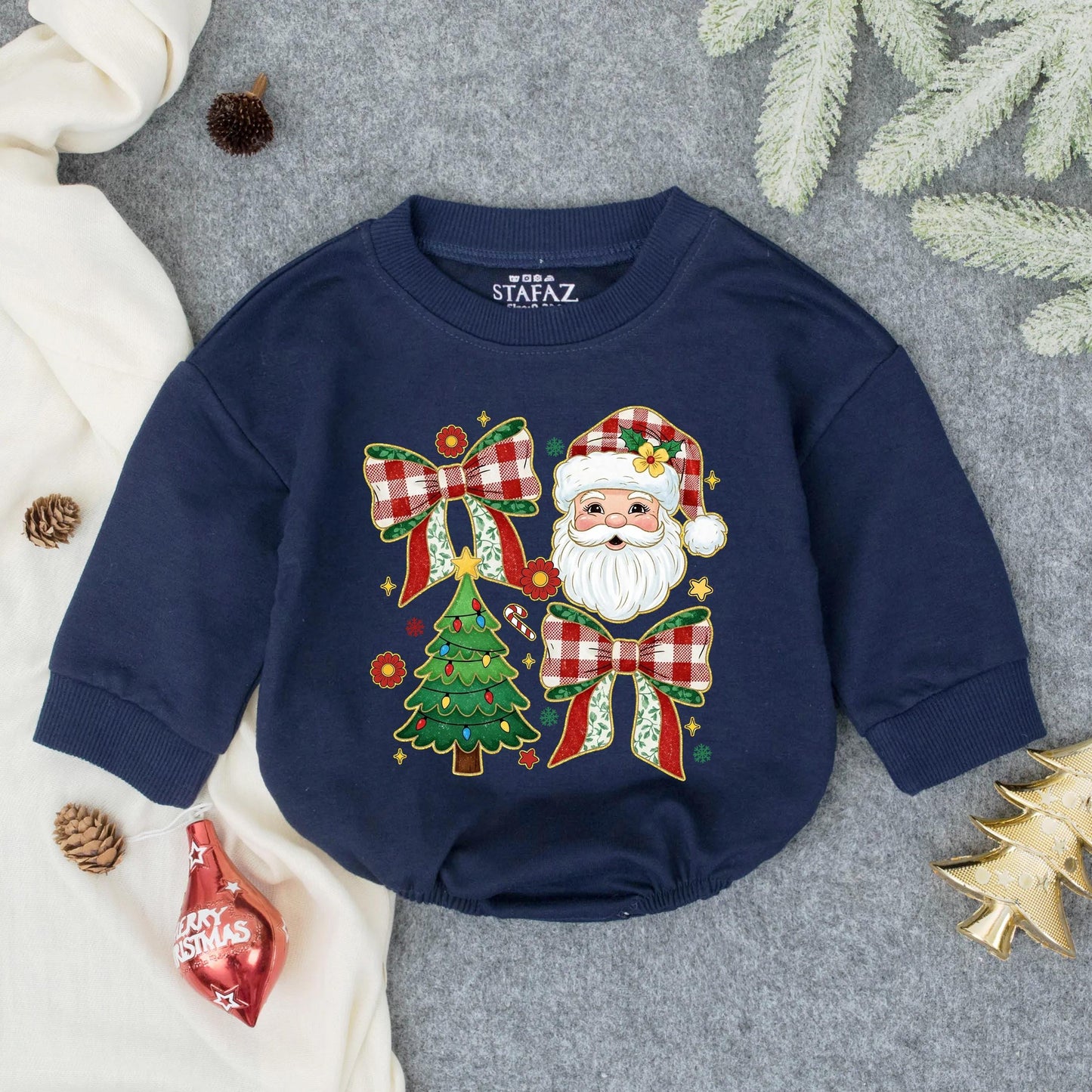 Vintage Santa Christmas Romper, Plaid Bows & Tree Baby Girl Outfit, Merry First Christmas Newborn Clothes, Festive Holiday Gift, Retro Style 138