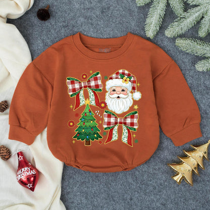 Vintage Santa Christmas Romper, Plaid Bows & Tree Baby Girl Outfit, Merry First Christmas Newborn Clothes, Festive Holiday Gift, Retro Style 138