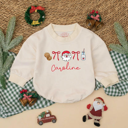 Personalized Santa Baby Romper Bubble "Caroline" Cute Christmas Cookies Milk Ribbons Holiday Photo Outfit for Baby Girl First Christmas Gift 138