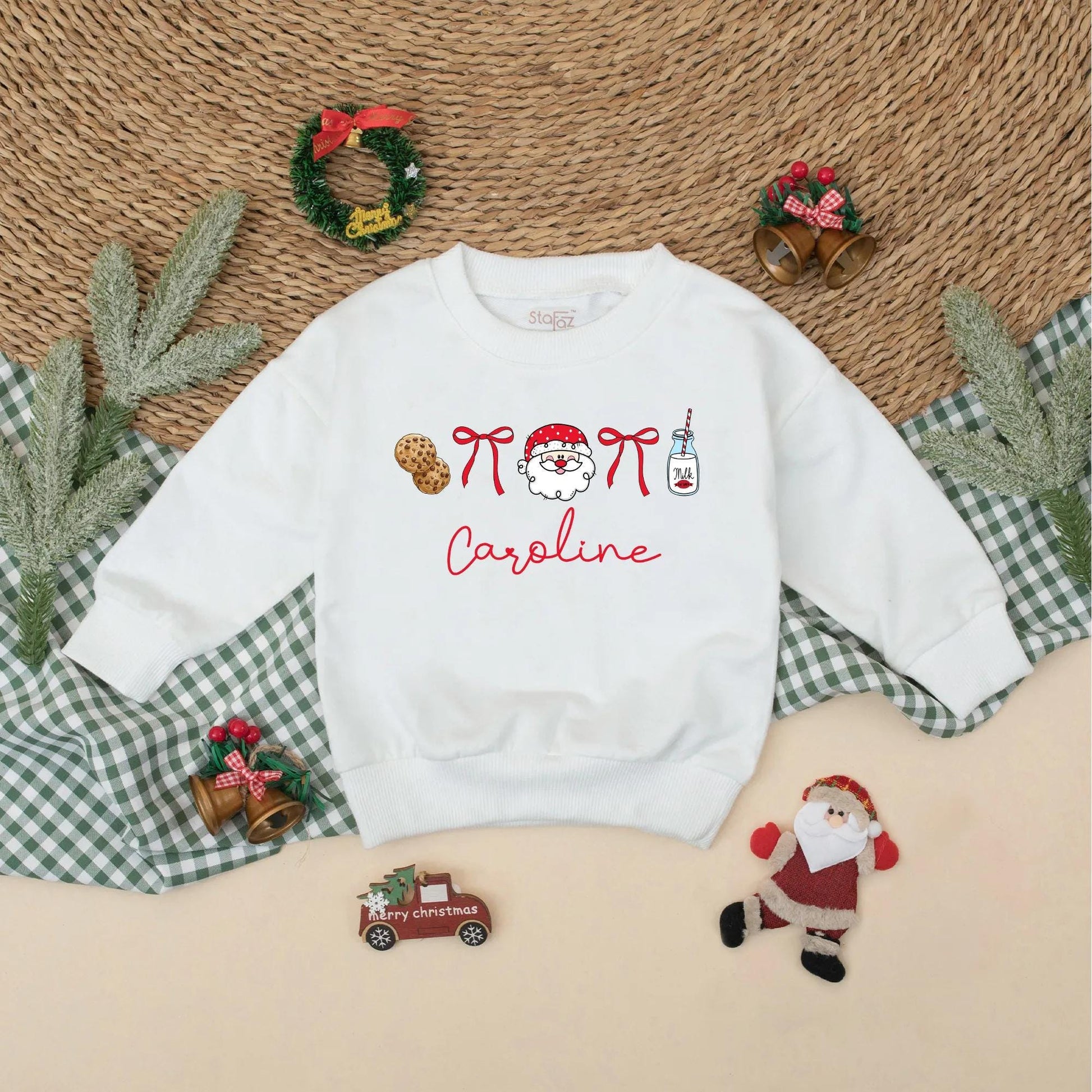 Personalized Santa Baby Romper Bubble "Caroline" Cute Christmas Cookies Milk Ribbons Holiday Photo Outfit for Baby Girl First Christmas Gift 138
