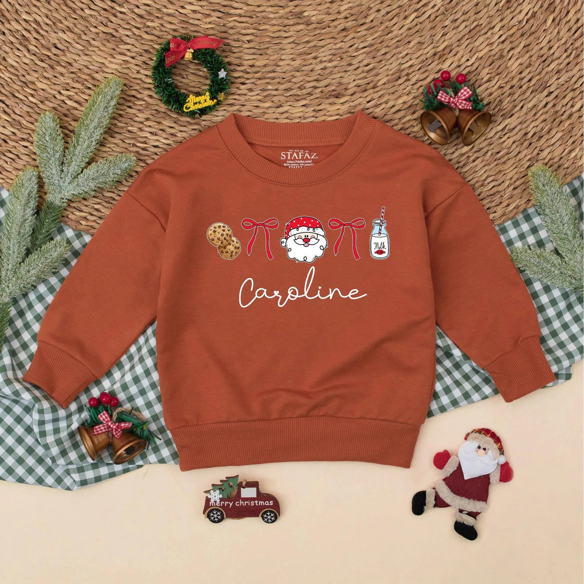 Personalized Santa Baby Romper Bubble "Caroline" Cute Christmas Cookies Milk Ribbons Holiday Photo Outfit for Baby Girl First Christmas Gift 138
