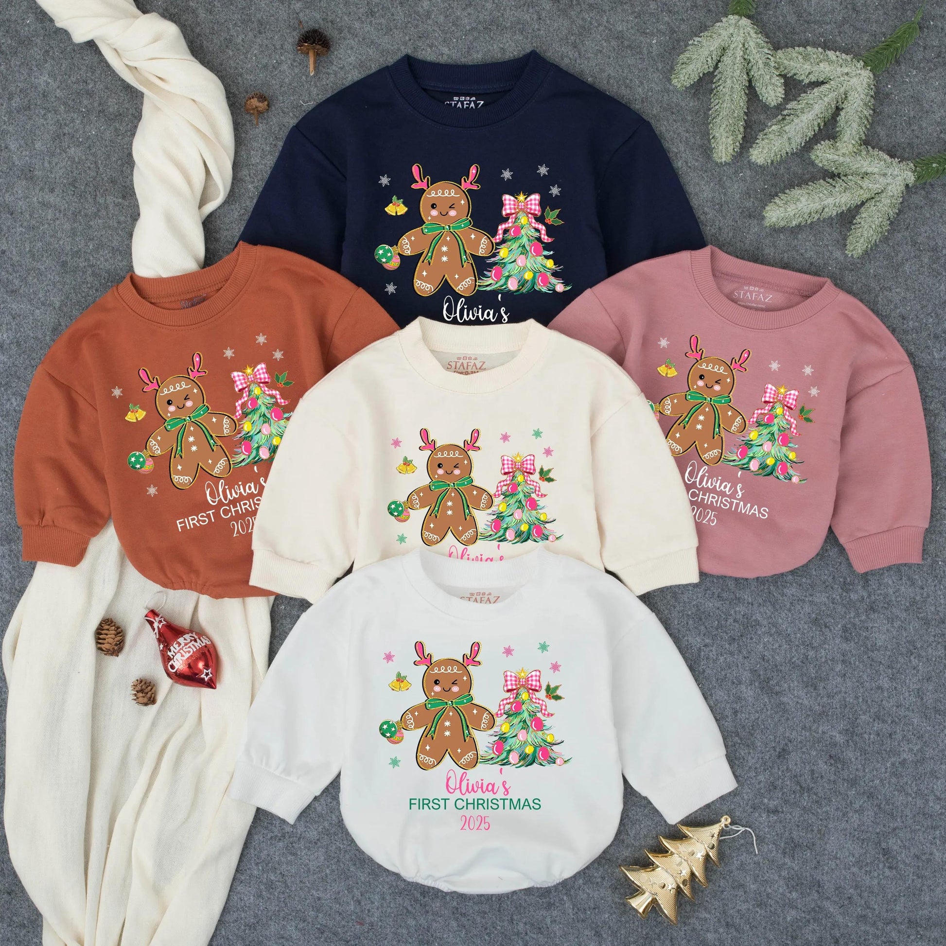 Olivia's First Christmas 2025 Romper, Cute Gingerbread Reindeer Outfit, Personalized Baby Girl Holiday Clothes, Pink Bow Bubble Romper, Winter Gift