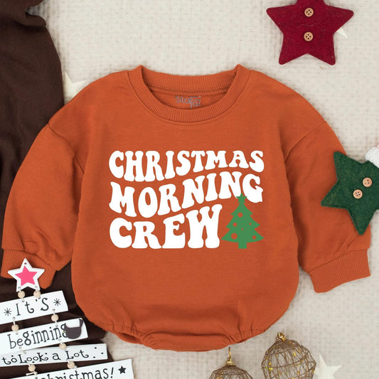 Christmas Morning Crew Romper Outfit, First Christmas Baby Clothes, Festive Xmas Toddler Boy Clothes, Cozy Holiday Gift, Soft Cotton Blend 135