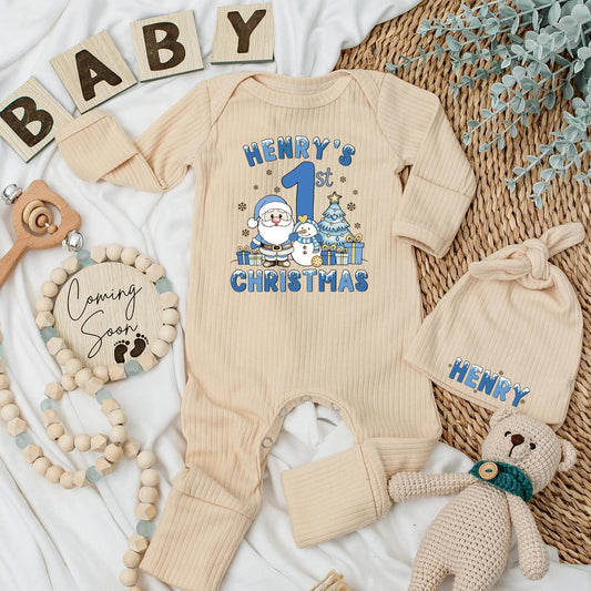 Henry's 1st Christmas Personalized Baby Bodysuit, Boy's First Xmas Outfit, Custom Holiday Newborn Clothes Set, Santa, Snowman, Cute Christmas Gift 1