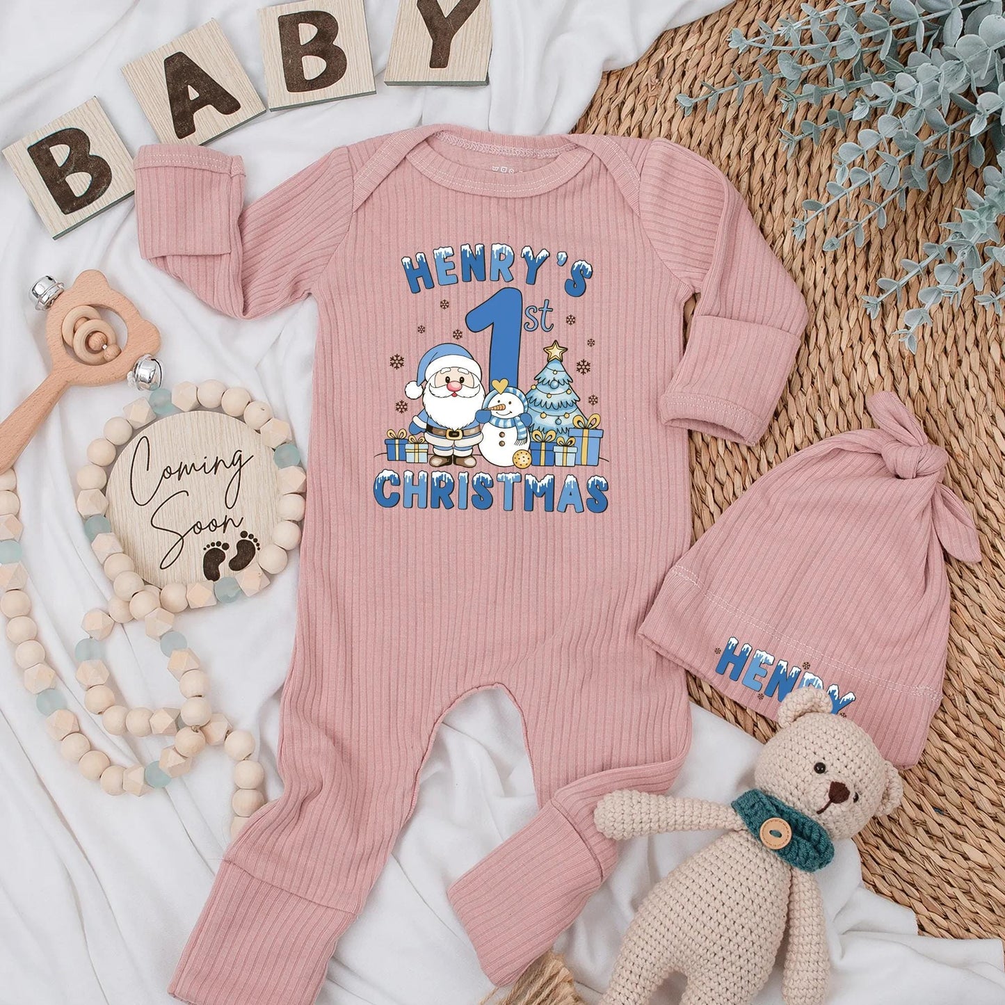 Henry's 1st Christmas Personalized Baby Bodysuit, Boy's First Xmas Outfit, Custom Holiday Newborn Clothes Set, Santa, Snowman, Cute Christmas Gift 1