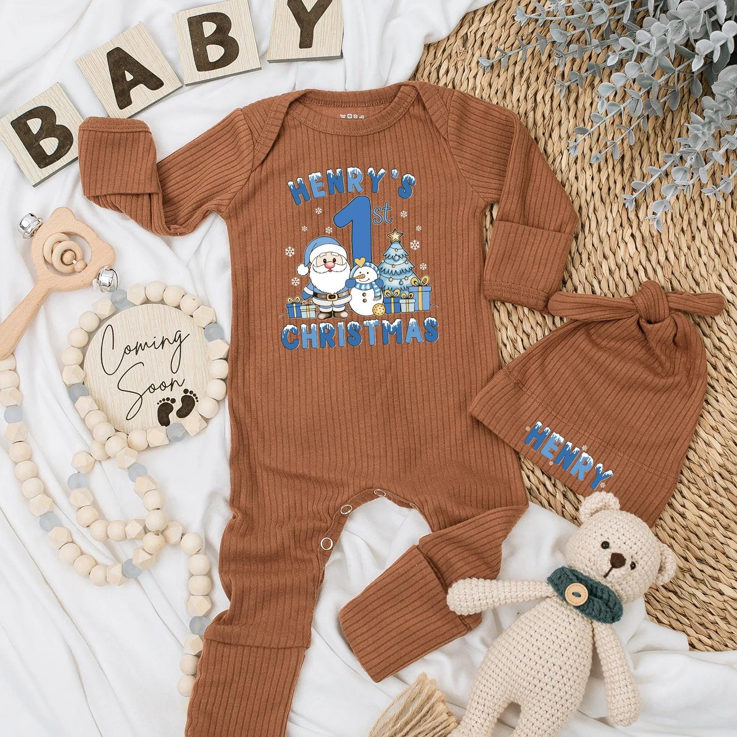 Henry's 1st Christmas Personalized Baby Bodysuit, Boy's First Xmas Outfit, Custom Holiday Newborn Clothes Set, Santa, Snowman, Cute Christmas Gift 1