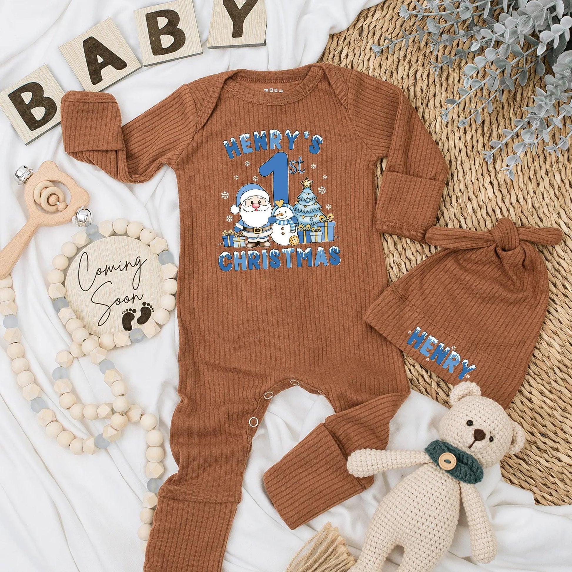 Henry's 1st Christmas Personalized Baby Bodysuit, Boy's First Xmas Outfit, Custom Holiday Newborn Clothes Set, Santa, Snowman, Cute Christmas Gift 1