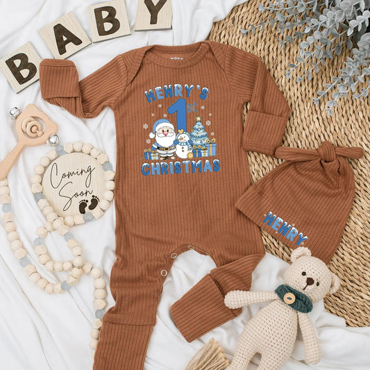 Henry's 1st Christmas Personalized Baby Bodysuit, Boy's First Xmas Outfit, Custom Holiday Newborn Clothes Set, Santa, Snowman, Cute Christmas Gift 1