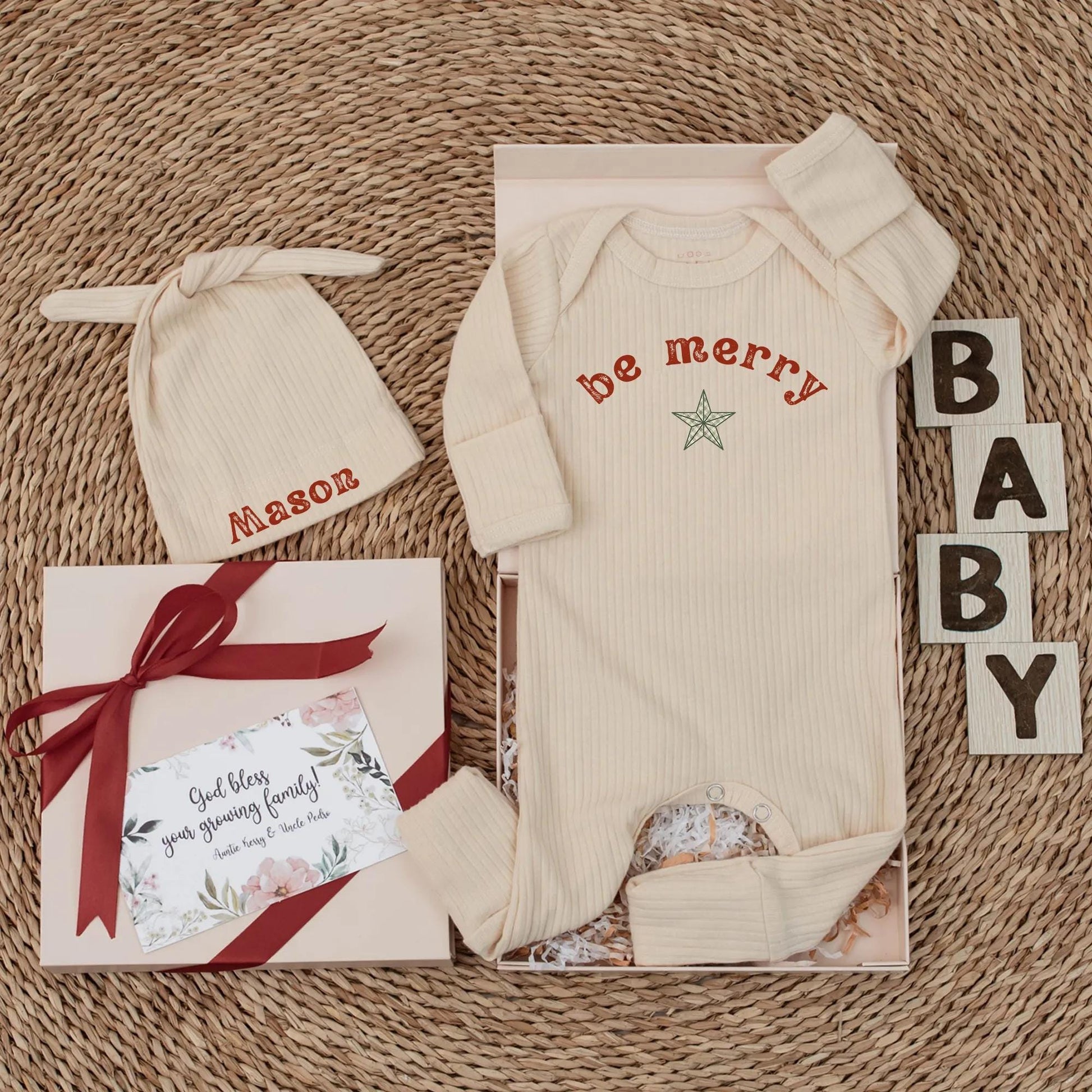 Be Merry Baby Bodysuit Reddish-Brown Text Forest Green Star Festive Holiday Newborn Outfit First Christmas Gift Shower Present