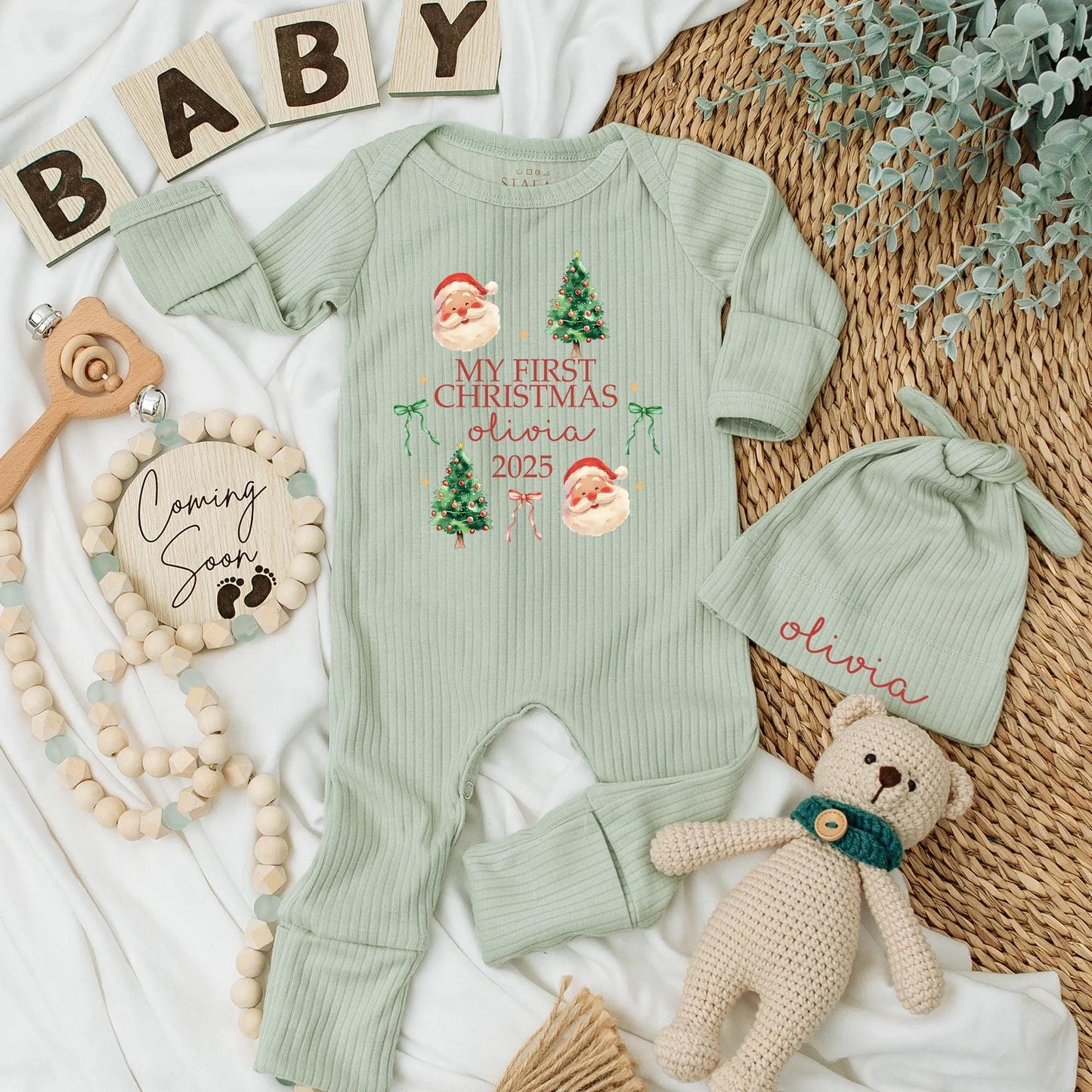 Custom My First Christmas 2025 Baby Bodysuit with Name Santa Tree Design Festive Holiday Newborn Outfit Green Red White Whimsical Celebratory Gift