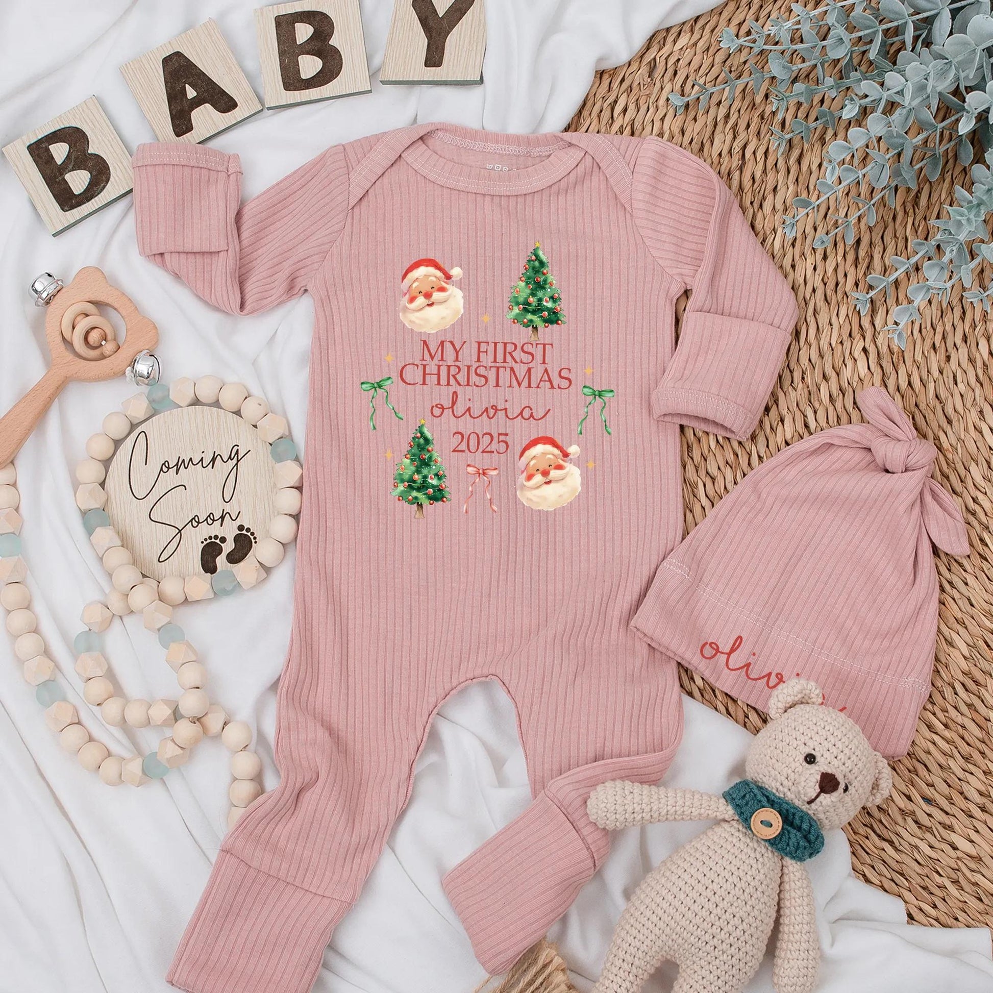 Custom My First Christmas 2025 Baby Bodysuit with Name Santa Tree Design Festive Holiday Newborn Outfit Green Red White Whimsical Celebratory Gift