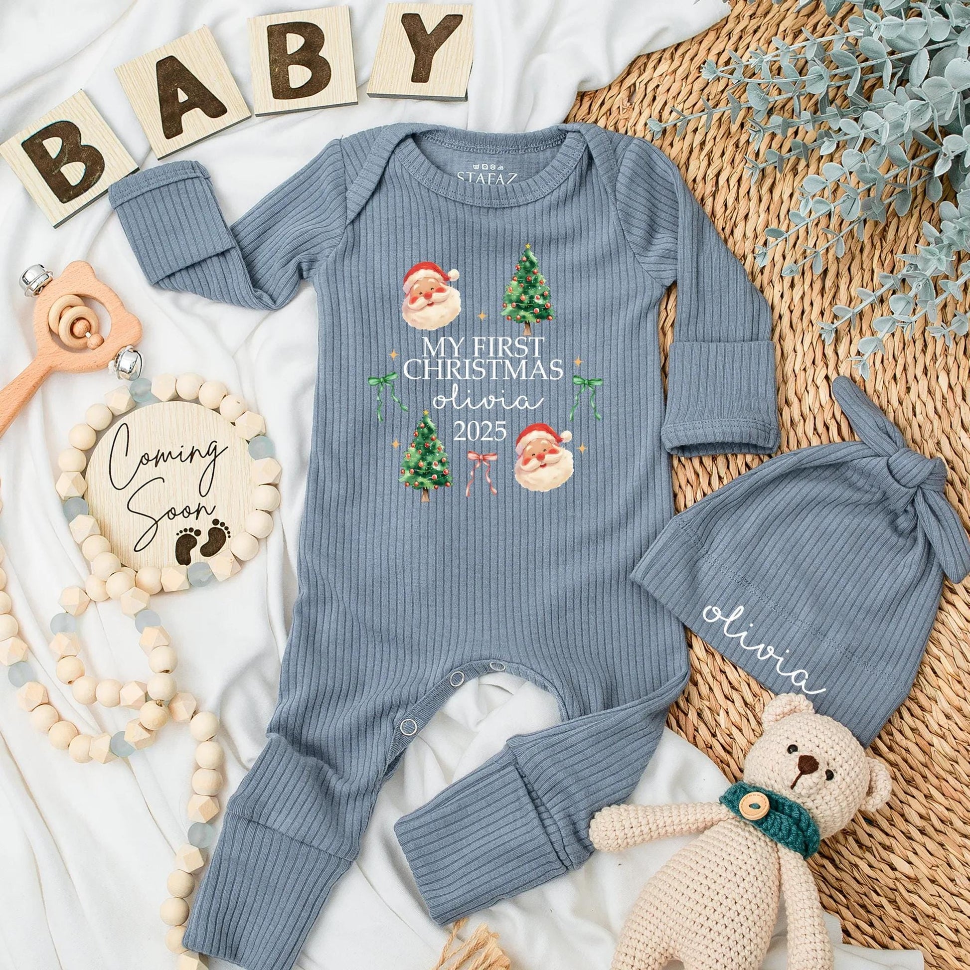 Custom My First Christmas 2025 Baby Bodysuit with Name Santa Tree Design Festive Holiday Newborn Outfit Green Red White Whimsical Celebratory Gift