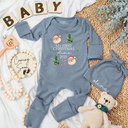 Custom My First Christmas 2025 Baby Bodysuit with Name Santa Tree Design Festive Holiday Newborn Outfit Green Red White Whimsical Celebratory Gift