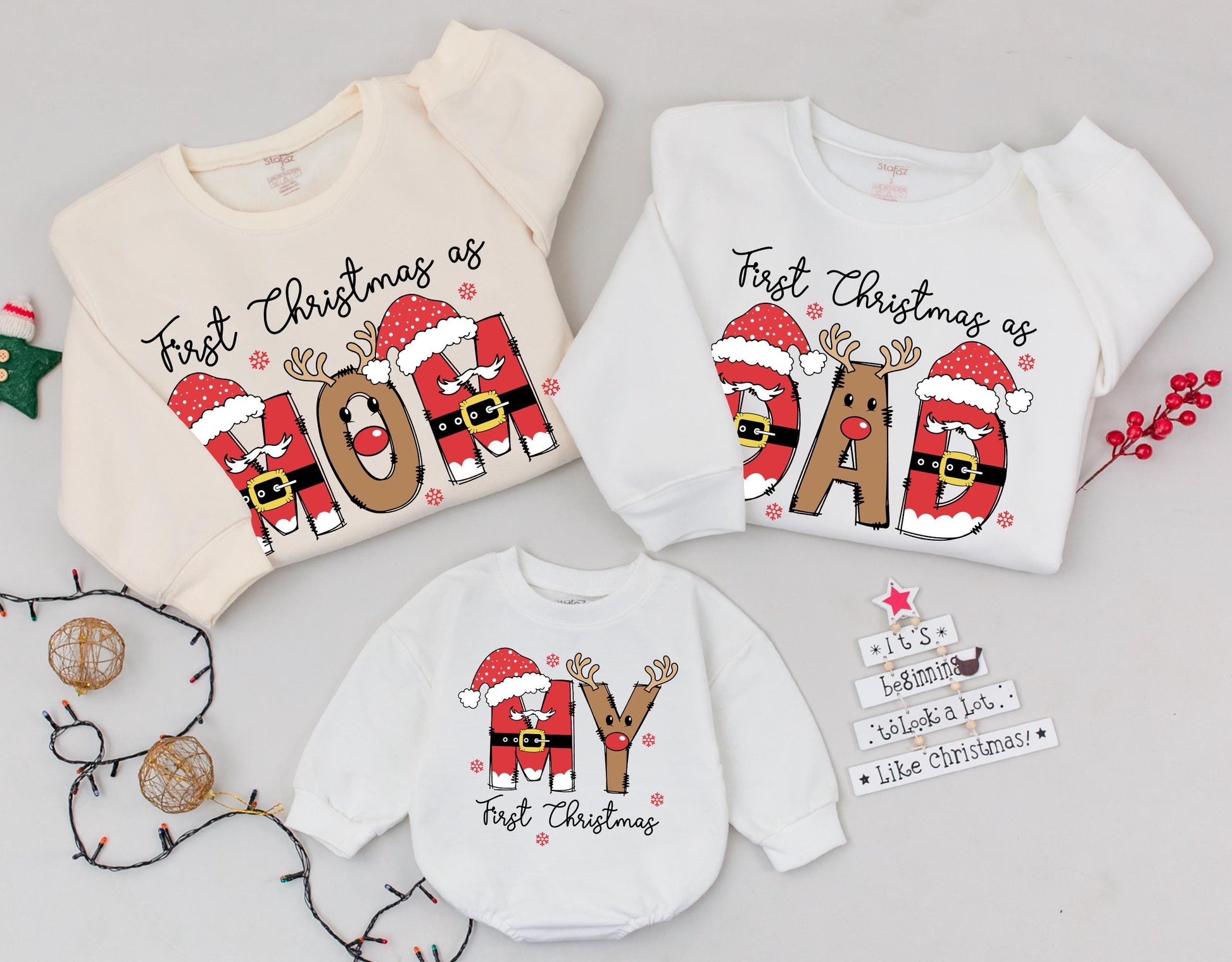 Matching First Christmas Family Sweaters: Festive Mom, Dad & My Designs with Santa Hats & Reindeer Antlers! Perfect Mother's Day Gift