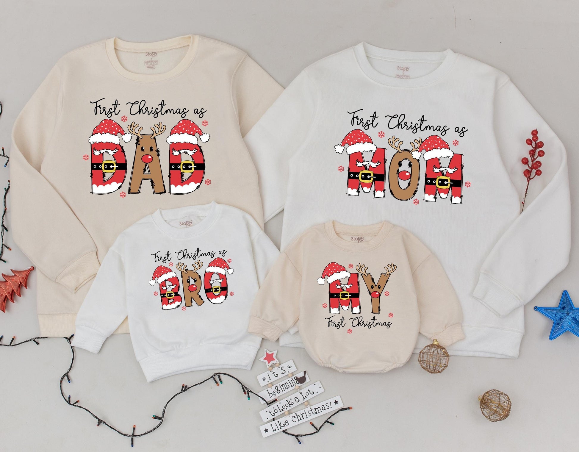 Matching First Christmas Family Sweaters: Festive Mom, Dad & My Designs with Santa Hats & Reindeer Antlers! Perfect Mother's Day Gift