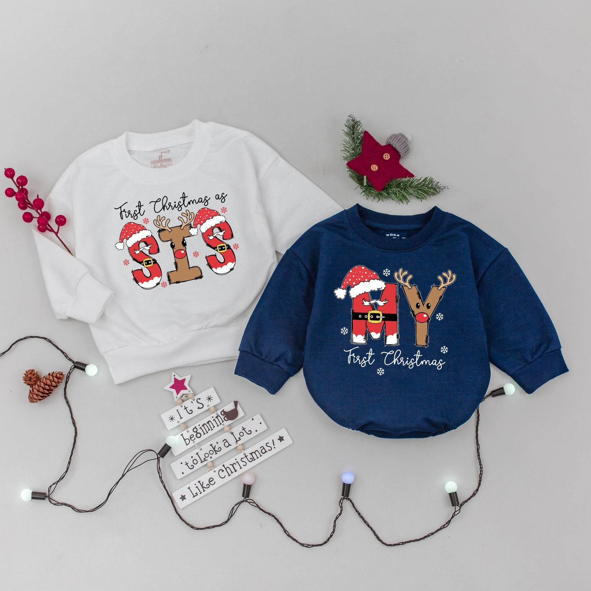 Matching First Christmas Family Sweaters: Festive Mom, Dad & My Designs with Santa Hats & Reindeer Antlers! Perfect Mother's Day Gift