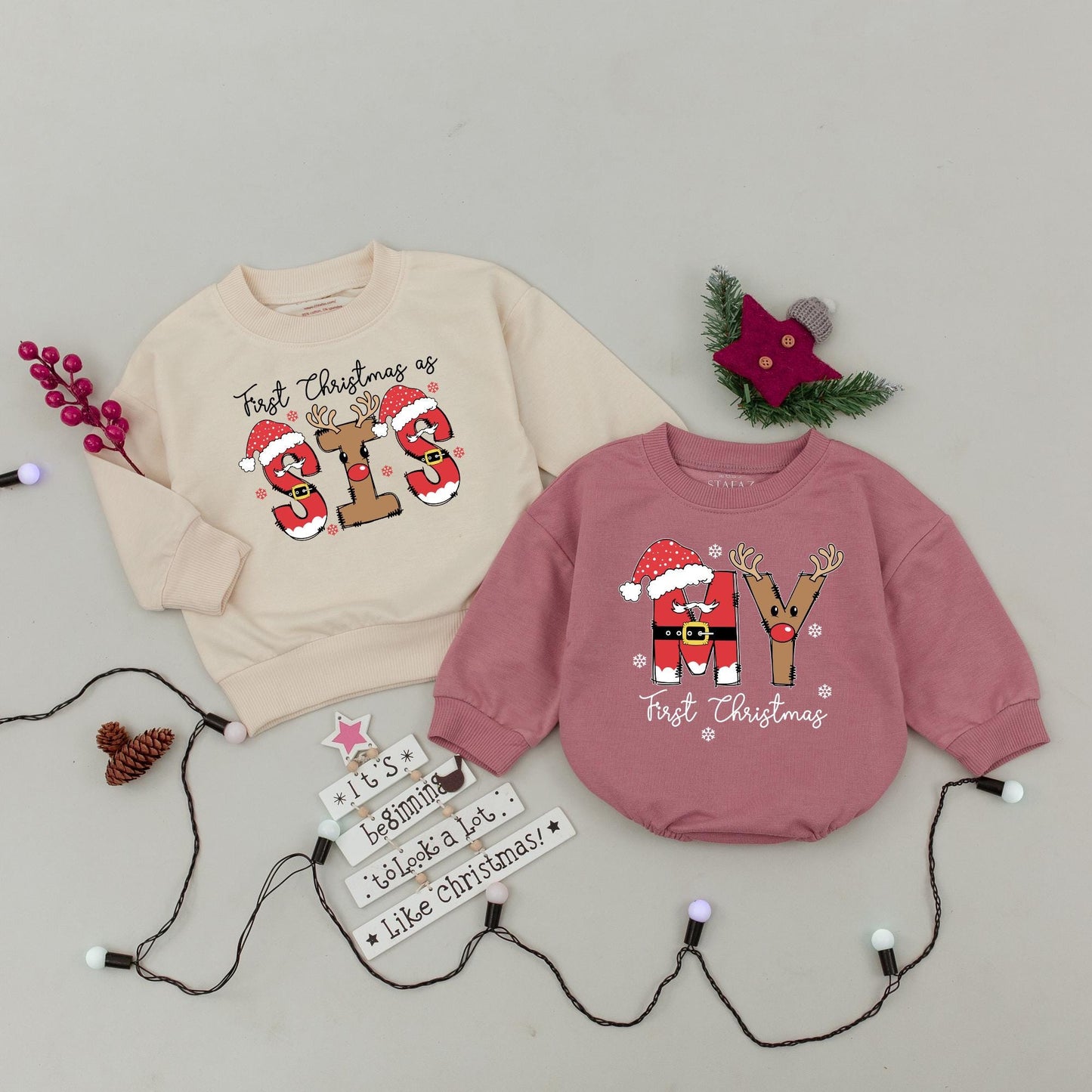 Matching First Christmas Family Sweaters: Festive Mom, Dad & My Designs with Santa Hats & Reindeer Antlers! Perfect Mother's Day Gift