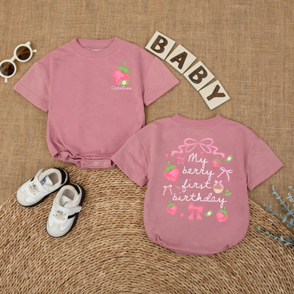 Personalized Berry First Birthday Bubble Romper Baby Girl Strawberry Design with Name Pink Green Flowers Whimsical Smash Cake Outfit Gift