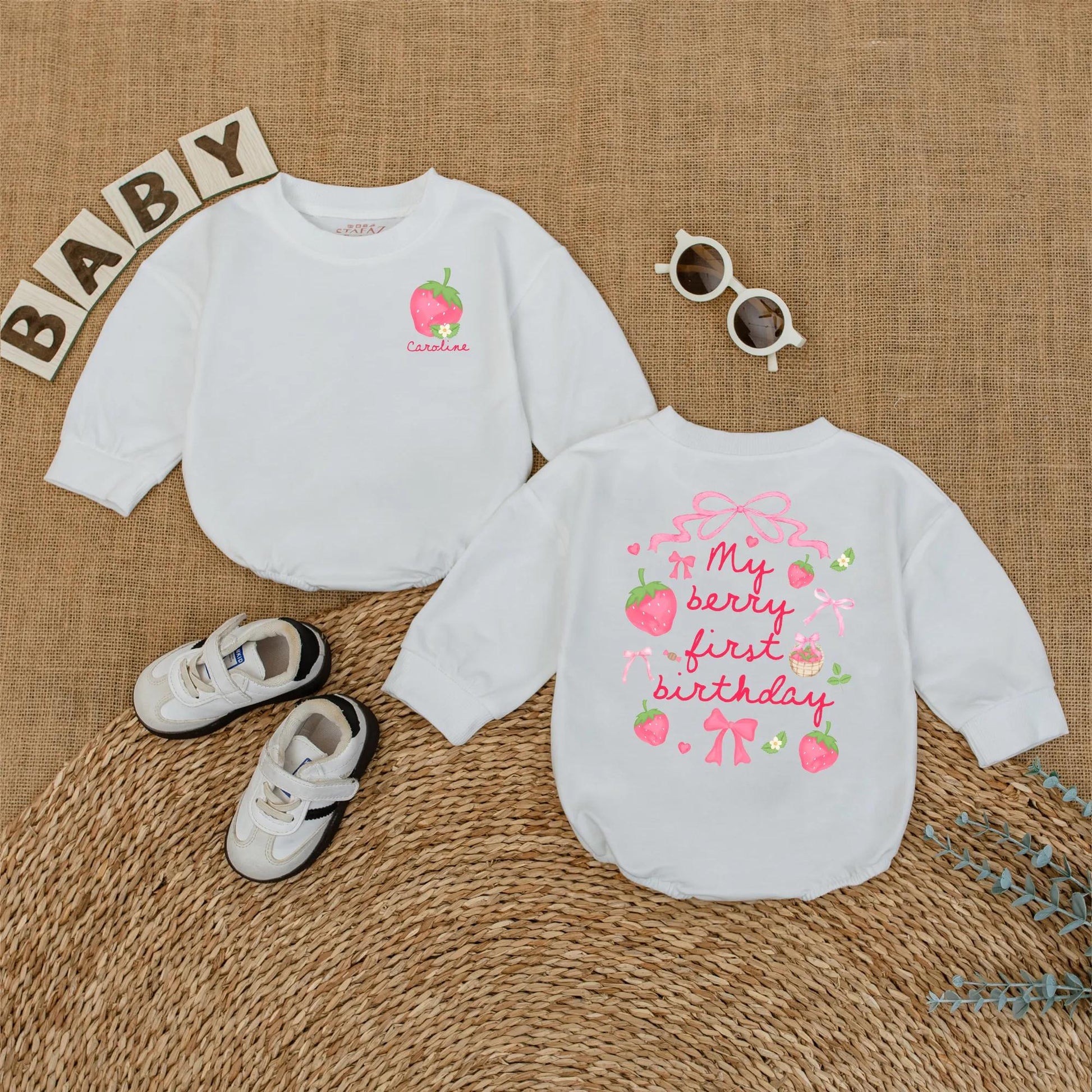 Personalized Berry First Birthday Bubble Romper Baby Girl Strawberry Design with Name Pink Green Flowers Whimsical Smash Cake Outfit Gift