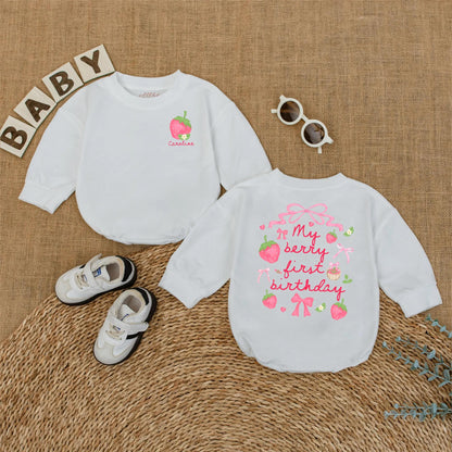 Personalized Berry First Birthday Bubble Romper Baby Girl Strawberry Design with Name Pink Green Flowers Whimsical Smash Cake Outfit Gift