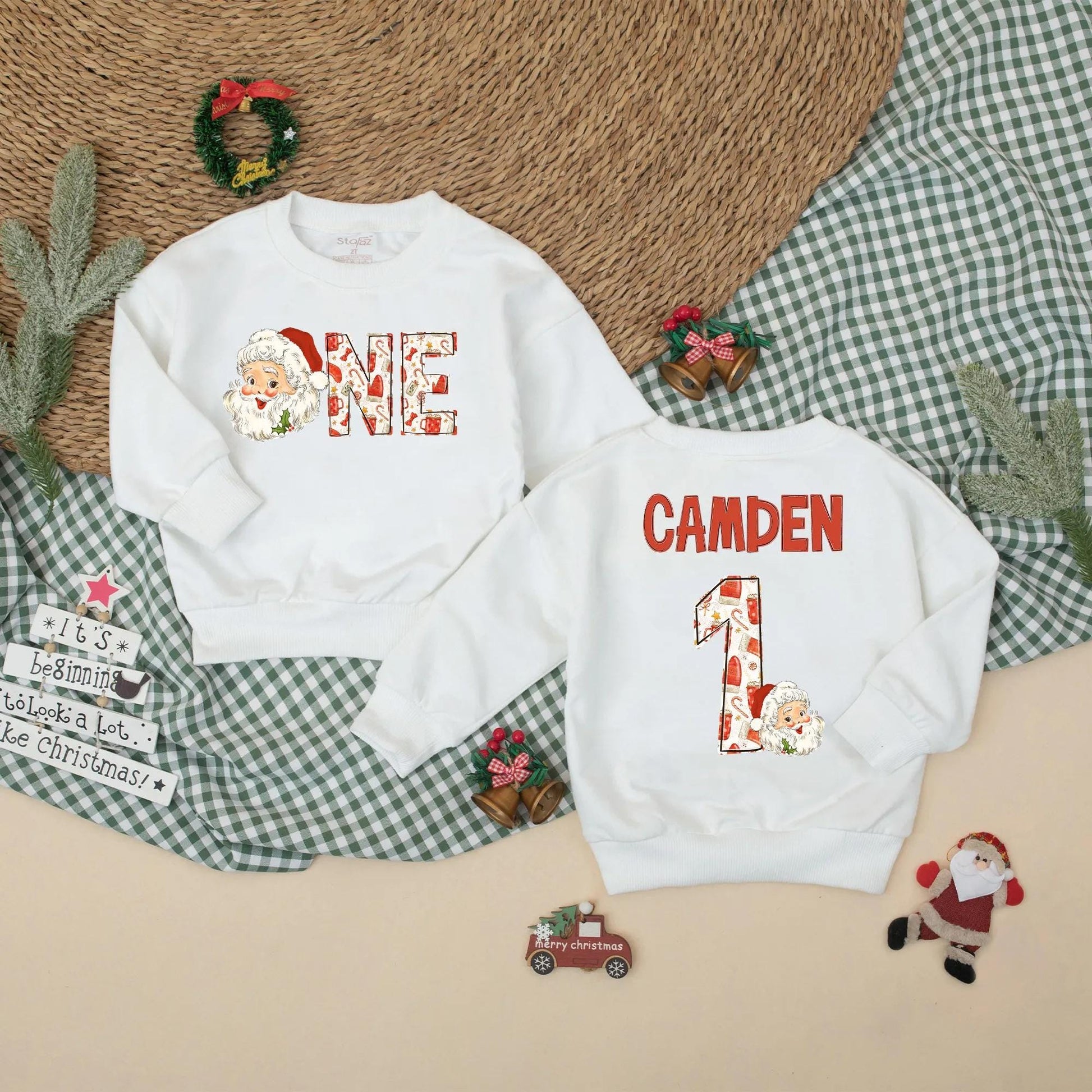 Personalized Christmas "ONE" Romper Santa's First Birthday Outfit Retro Style Baby Bodysuit Winter Cake Smash Romper Xmas Gift, Name Optional 138