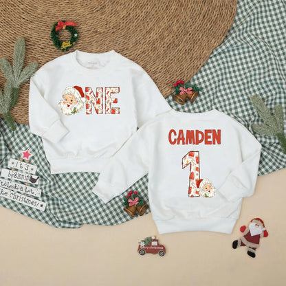 Personalized Christmas "ONE" Romper Santa's First Birthday Outfit Retro Style Baby Bodysuit Winter Cake Smash Romper Xmas Gift, Name Optional 138