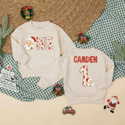 Personalized Christmas "ONE" Romper Santa's First Birthday Outfit Retro Style Baby Bodysuit Winter Cake Smash Romper Xmas Gift, Name Optional 138