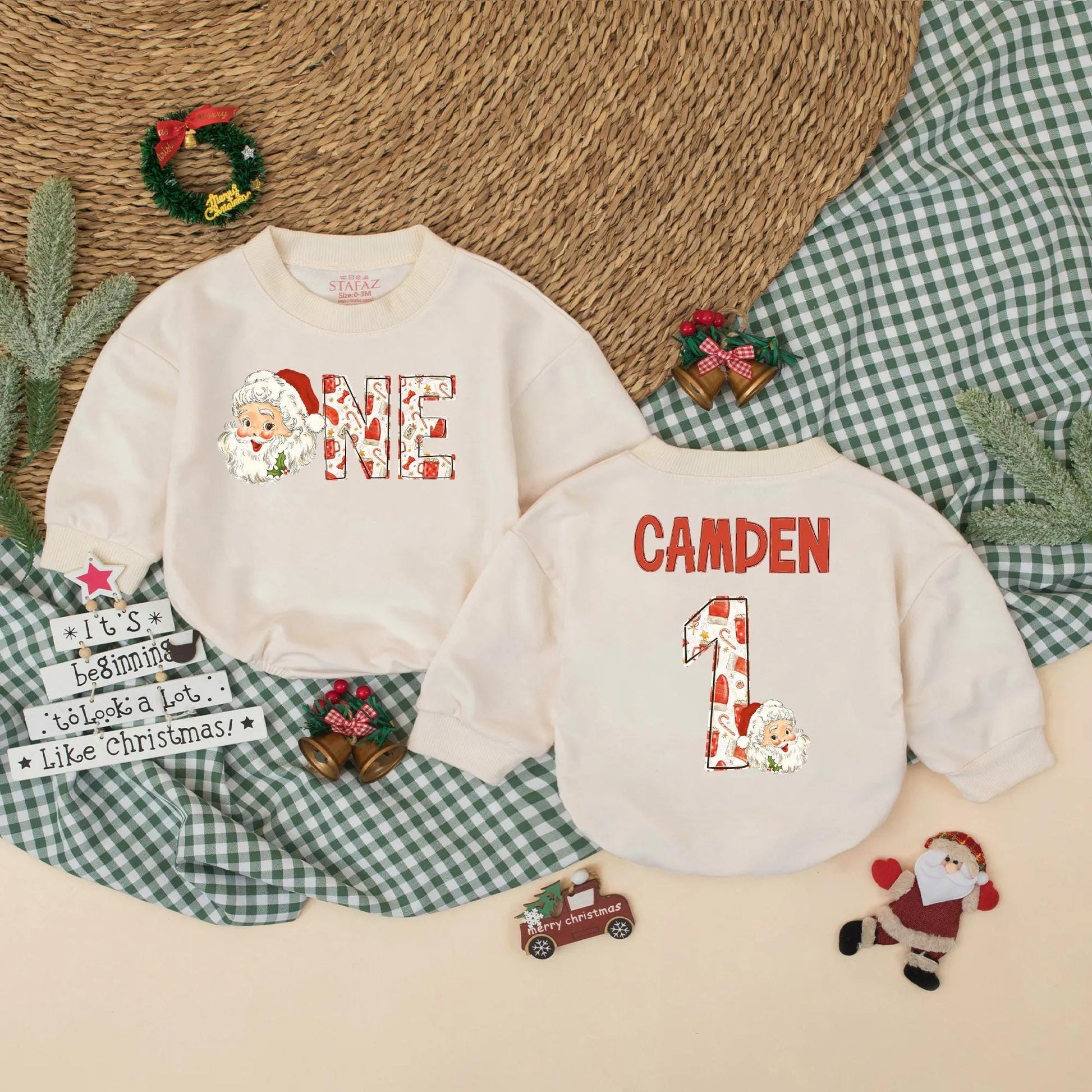 Personalized Christmas "ONE" Romper Santa's First Birthday Outfit Retro Style Baby Bodysuit Winter Cake Smash Romper Xmas Gift, Name Optional 138