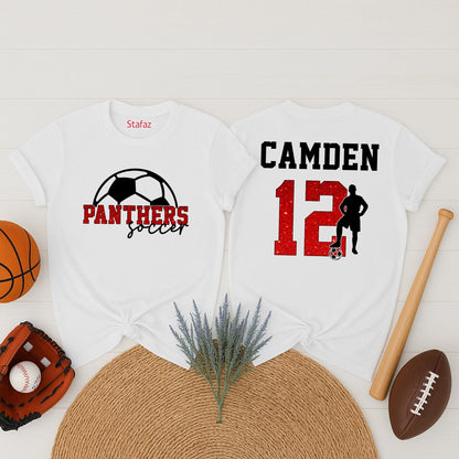 Custom Soccer Mom T-Shirt with player name and team name details, a comfortable game day fan shirt and thoughtful gift